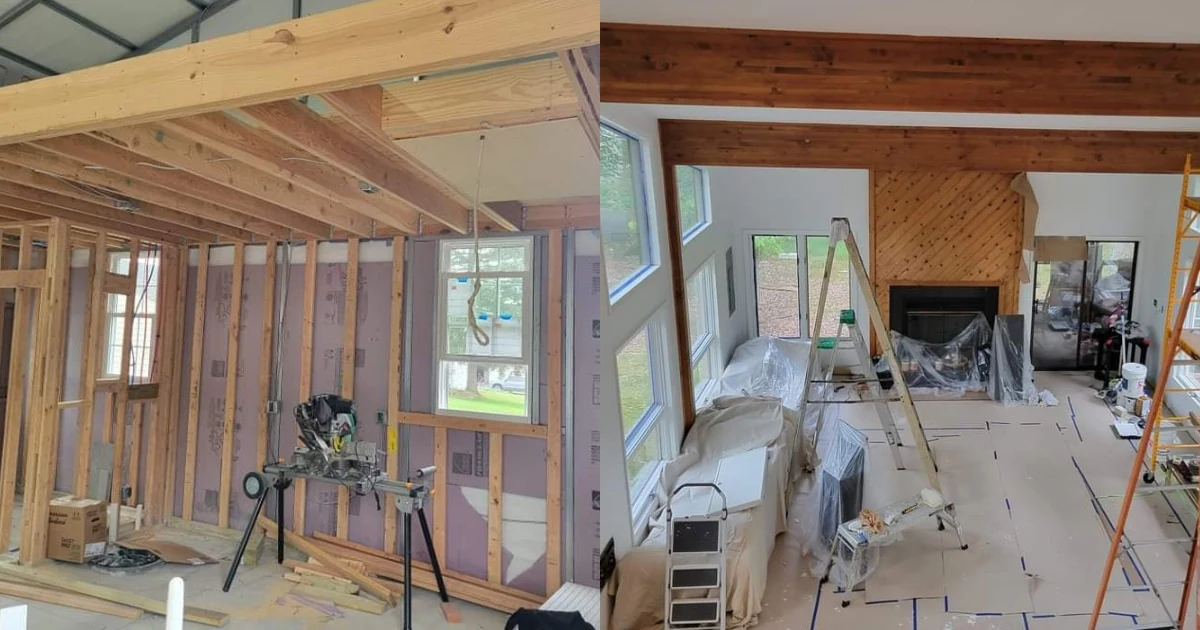 Living room renovation progress: exposed framing on the left, walls and wood accents with ladders and protective coverings still in place on the right