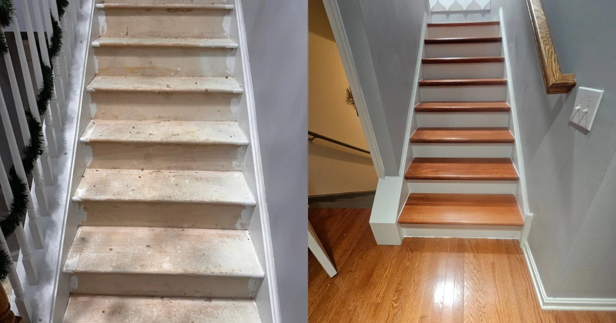 Staircase before and after: stripped steps on the left, finished wood treads and painted white risers on the right